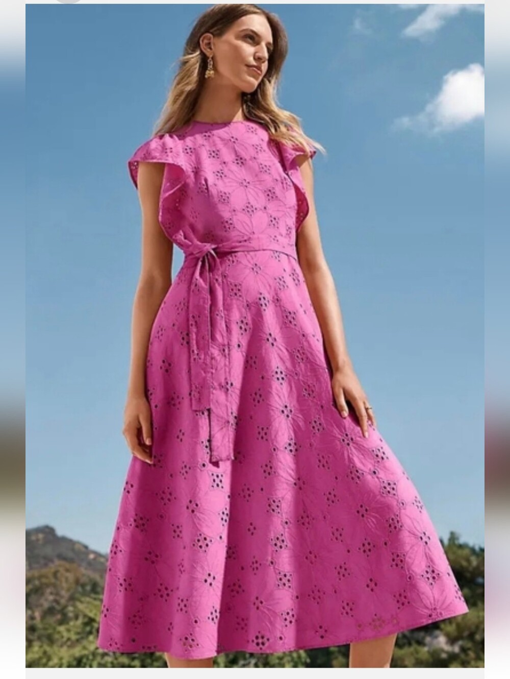 Ann Taylor Magenta Eyelet Tie-Waist Midi Dress